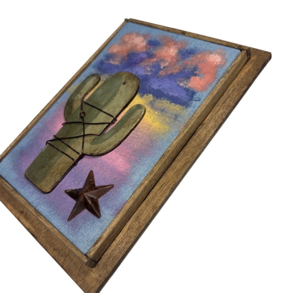 Mixed Media Wall Art Saguaro Cactus Scene Sunset Stars Desert Southwest 6 x 8 - Picture 2 of 5